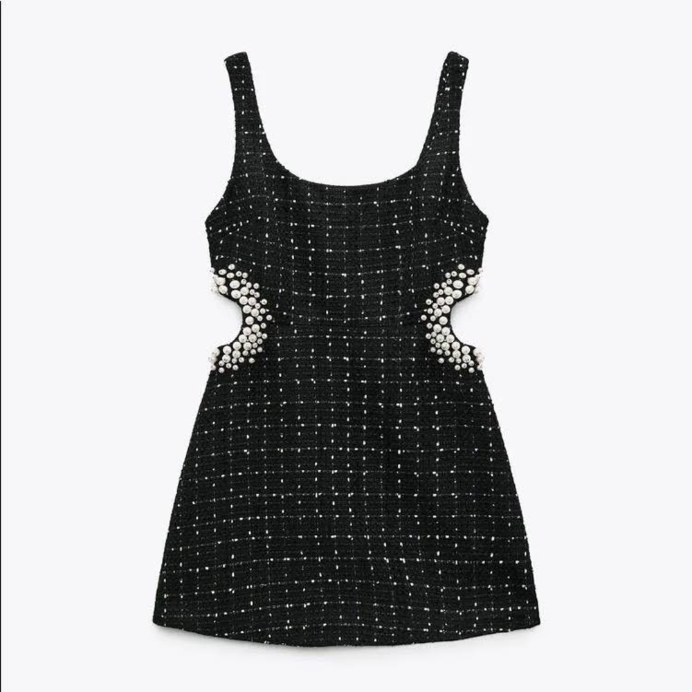 Zara tweed pearl cutout dress